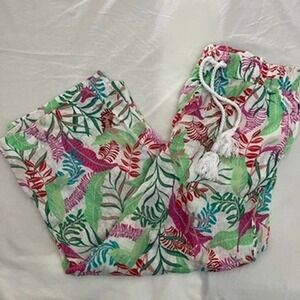 Cynthia R0wley Womens Wide Leg Linen Pants Sz L Tropical Print Coastal Beach